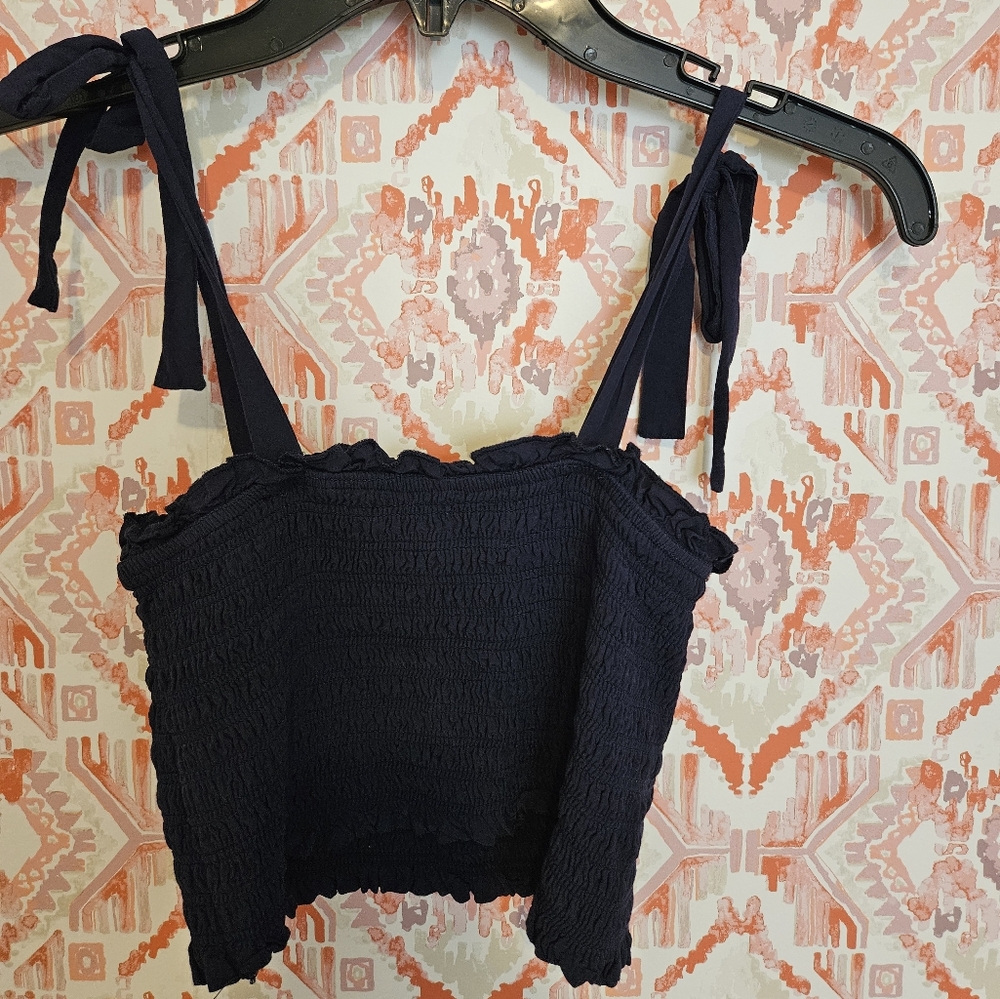 Katie J NYC Navy Blue Smocked Tie Front Crop Tank Top